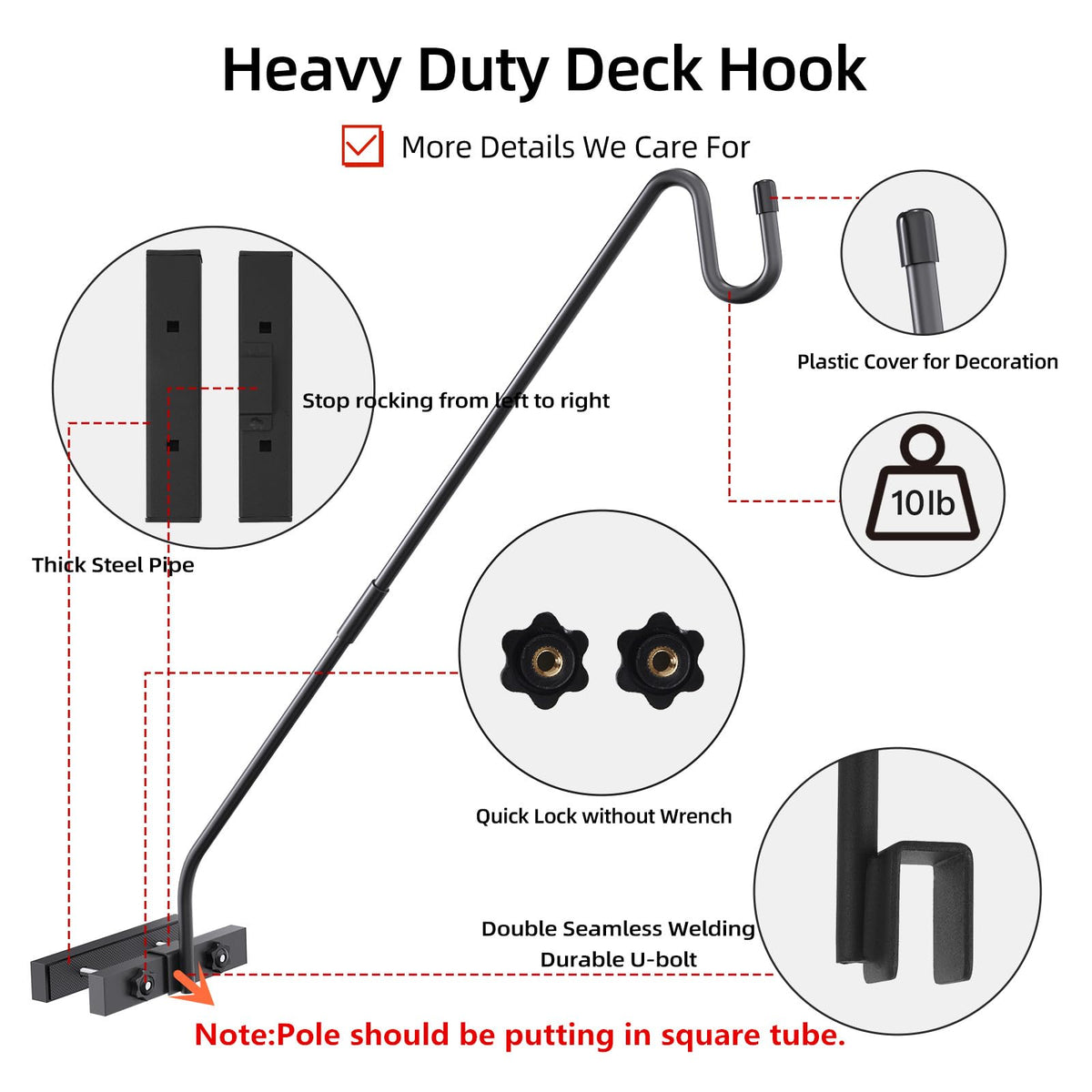 Monalife Deck Hook Railing Mount - Heavy Duty Metal Shepherds Hook Bracket for Outdoor Plant Hanger, Bird Feeder Hanger, Plant Hooks, Flower Baskets, Lanterns - 360° Rotating Pole, Extended Arm
