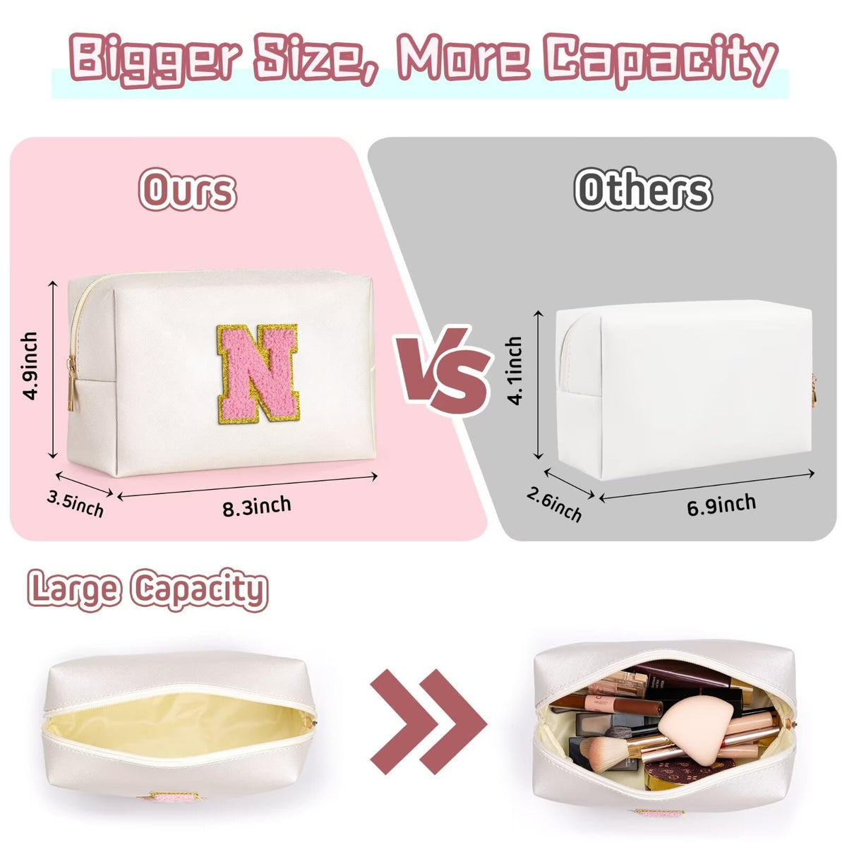 TOPEAST Initial Makeup Bags for Women, Personalized Portable Cosmetic Bag for Travel, Cute Makeup Pouch, PU Leather Waterproof Toiletry Bag, Preppy Things for Girl (Pearly White V)