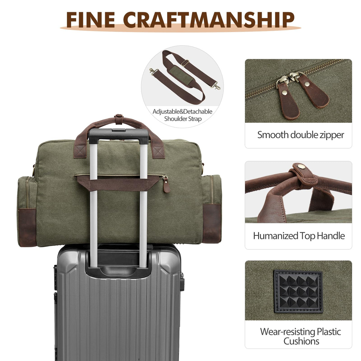 S-ZONE Large Canvas Travel Duffel Bag Weekend Overnight Bag Carry on Leather Trim Holdall Gym Bag with Multi-Pockets for Men and Women, Army Green