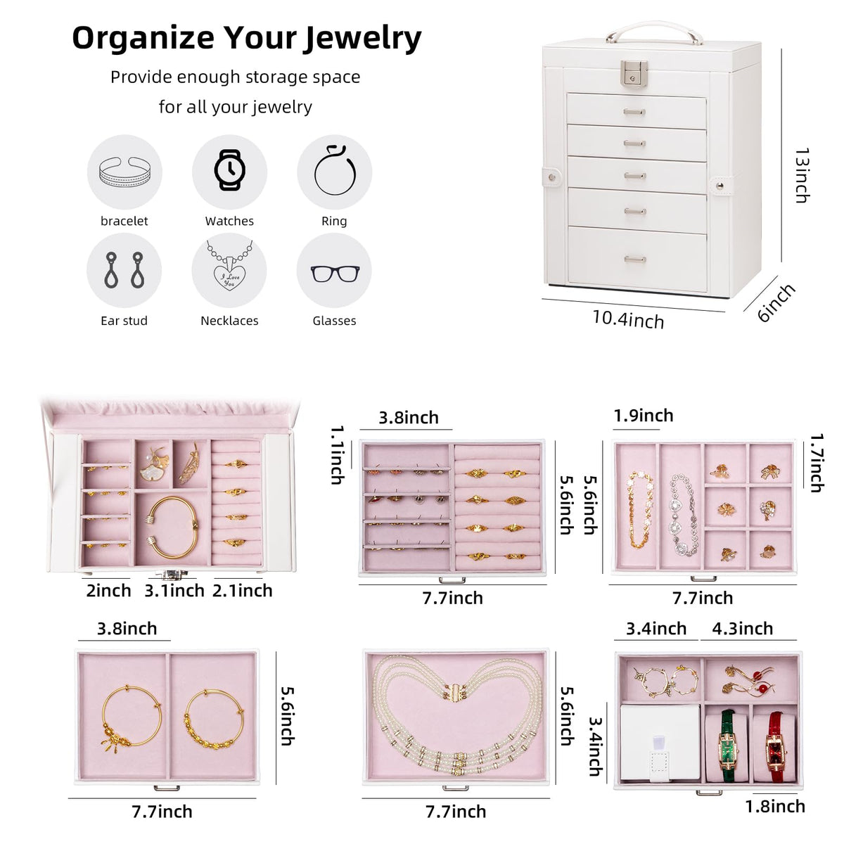 FEIYAN Large Jewelry Box,5-Tier PU Leather Jewelry Organizer with Lock,Multi-functional Storage Case with Mirror,Jewelry Organizer for Bracelets, Earrings, Rings, Necklaces, Mothers Day (CREAM)