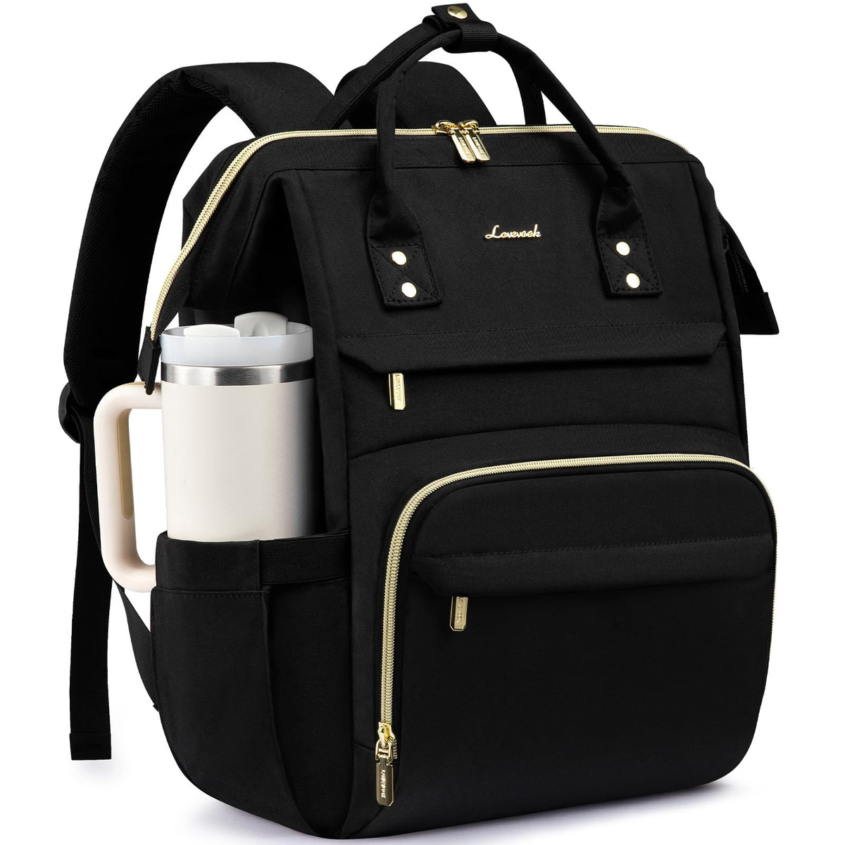 LOVEVOOK Laptop Backpack for Women with Giant Tumbler Holder Pocket,15.6 inch Waterproof Travel Backpack Purse Computer Laptop Bag,Professional Work College Nurse Teacher Backpack Casual Daypack,Black