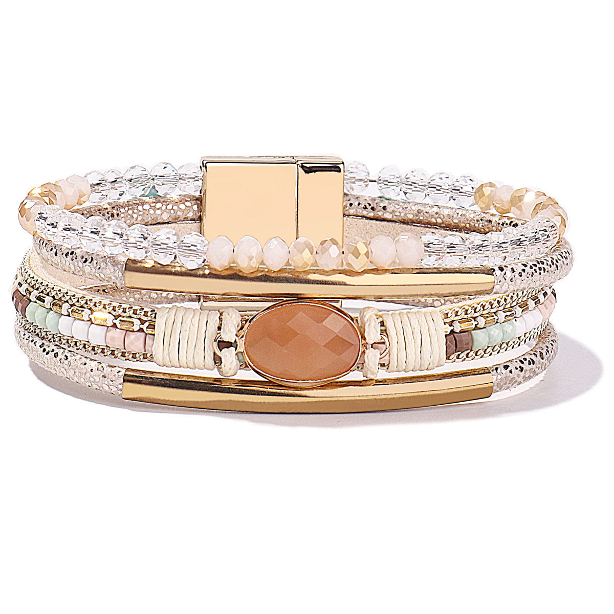 FANCY SHINY Leather Wrap Bracelets Crystal Beads Bracelet Boho Cuff Stone Charm Bracelets with Clasp Costume Jewelry for Women(Beige)
