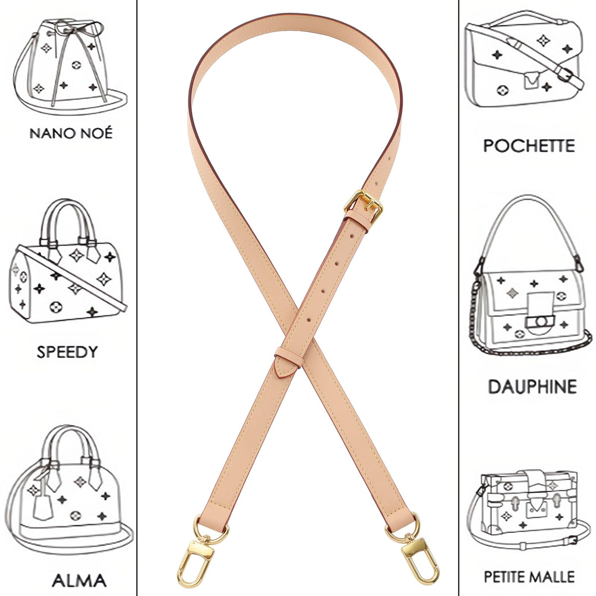 BMBMLV Vachetta Leather Strap Adjustable Crossbody Strap for Small Bags Pochette Mini NM Eva Favorite PM MM Nano Speedy (Beige)
