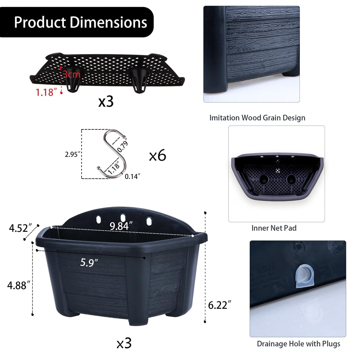 summer flower 3 Pack Hanging Planters for Railing, 9.84 Inch Plastic Window Box with Drain Hole Plug, Indoor Outdoor Flower Pots for Balcony Fence Garden Decor (Black)