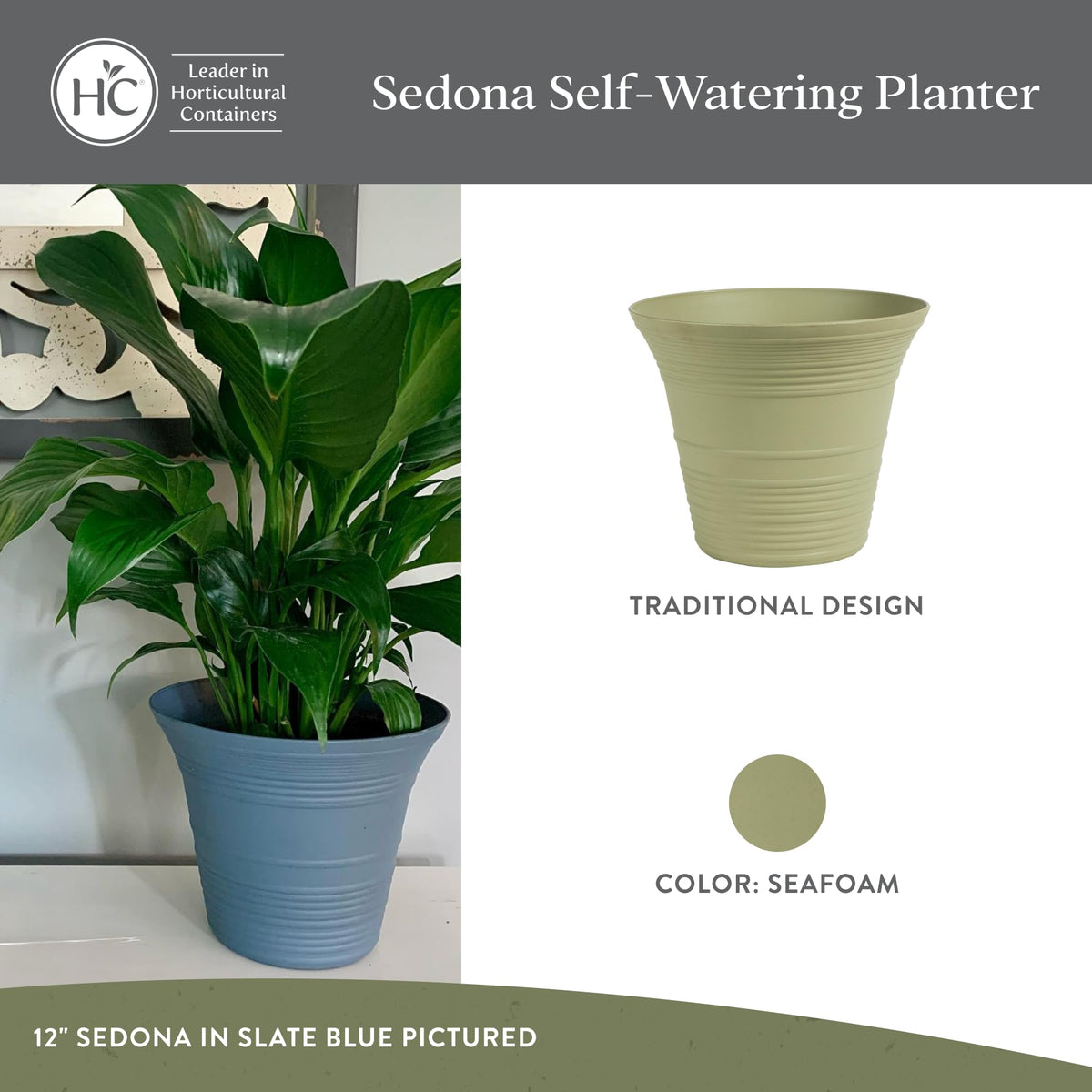 The HC Companies Sedona Round Self-Watering Pot - Lightweight Self Care Planter - Plastic Planter for Herbs & More - Durable Plant Pots for Indoor Plants & Outdoor Plants (7" Seafoam, Pack of 1)