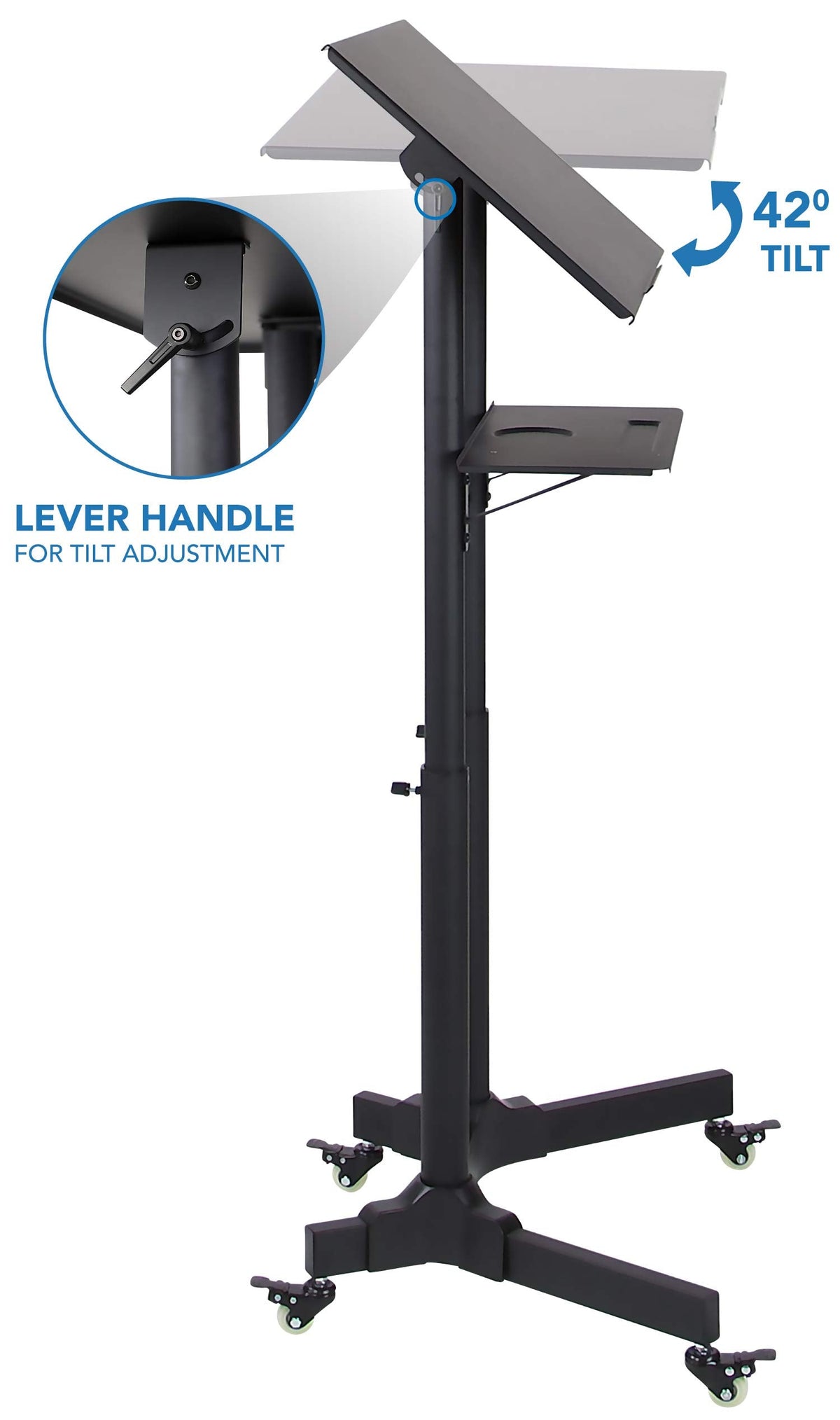 Mount-It! Mobile Podium Stand with Wheels, Adjustable Height Rolling Lectern, Portable Standing Desk with Tilted Shelf and Storage for Office, Classroom, and Presentations