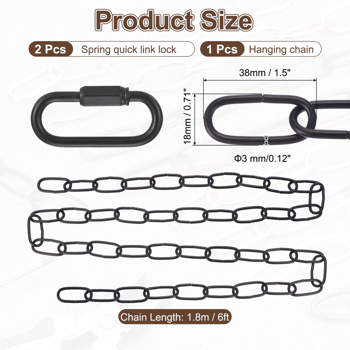 uxcell 6ft Lighting Hanging Chain, 3mm/0.12" Looping Metal Pendant Chandelier Chain Extension with 2 Quick Link Lock for Hanging Plant Pendant Chandelier Light Fixture, Black