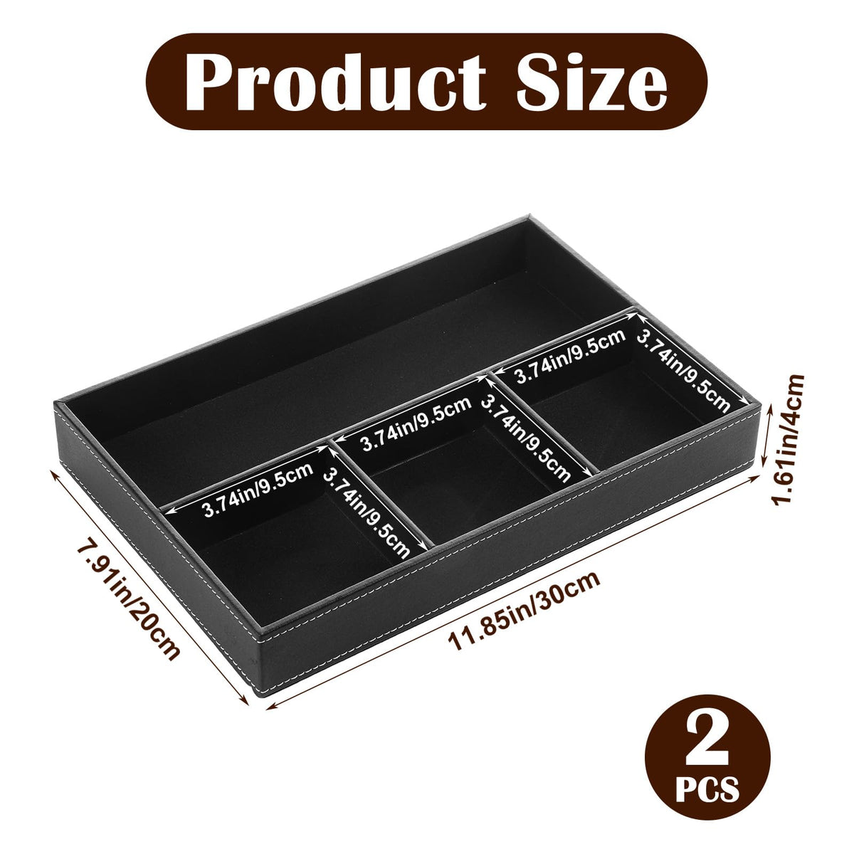 kenaeooe 2-Piece Faux Leather Valet Tray Set, Drawer Storage Organizer Divider for Desk, Nightstand, Jewelry, Keys, Wallet, Sunglasses, Phone, Watch - Black
