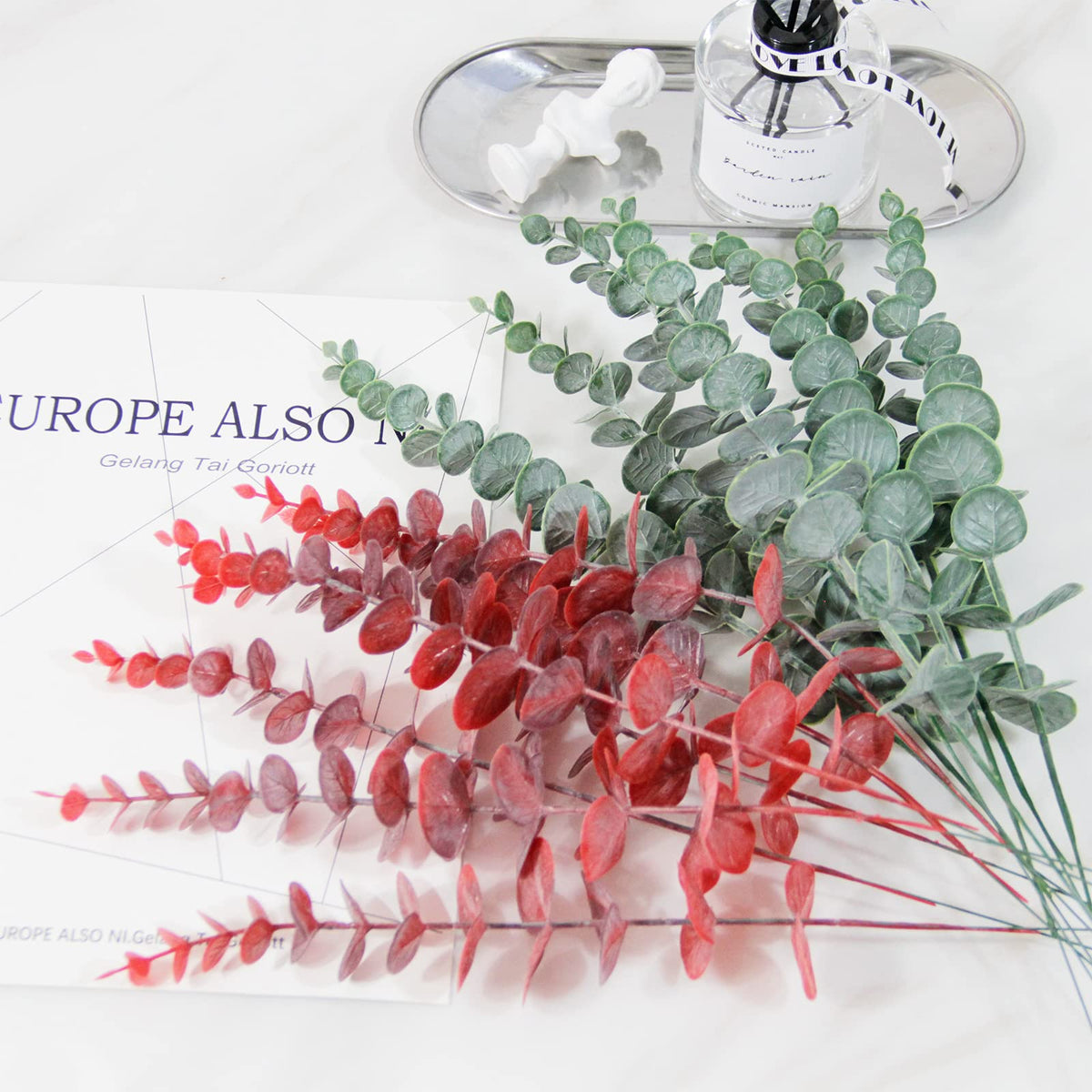 Tinsow Real Touch Leaf Artificial Eucalyptus Stem Faux Eucalyptuses Wedding Bouquet Centerpiece Home Decor (26, Red)