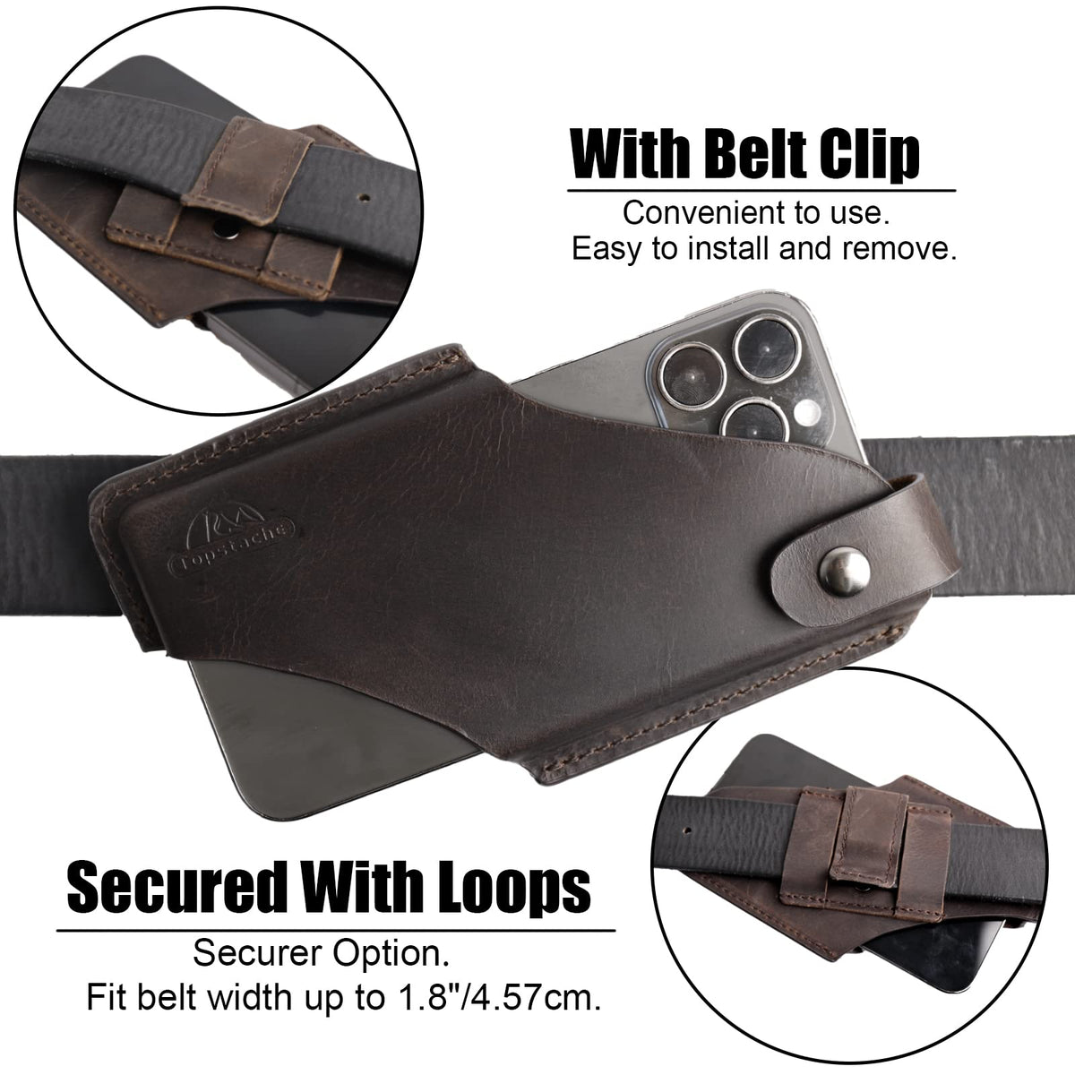 Topstache Leather Phone Holster with Belt Clip for iPhone 17/16/15 Pro Max & Plus - Magnetic Closure Cell Phone Case for Galaxy S25/S24 Ultra - Leather Belt Holder Loop Case, L,Darkbrown