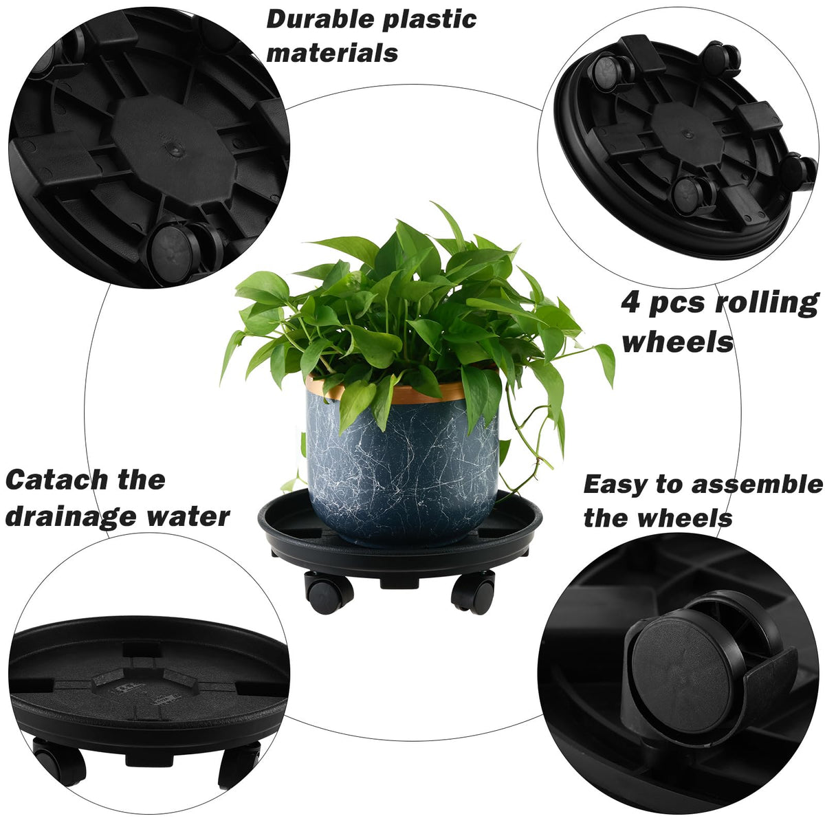 6 Packs 11.8 Inches Large Plant Caddy with Wheels Plant Saucers on Wheels Rolling Plant Stands Heavy-duty Plant Dolly Plastic Planter Roller Base Pot Movers Outdoor Plant Tray Coaster, Black