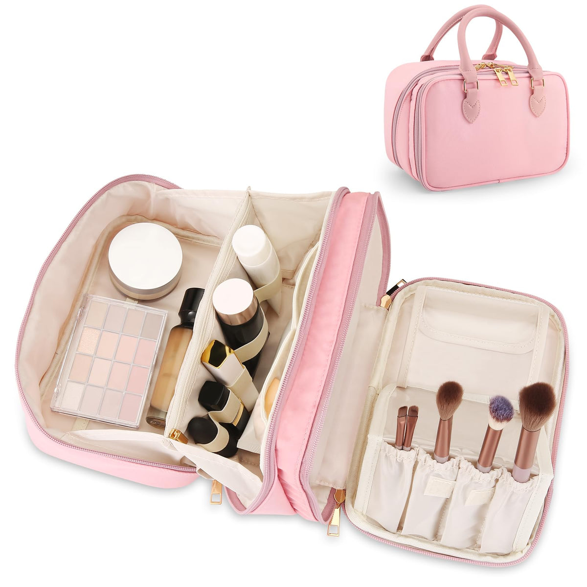 Travel Makeup Bag for Women Fashion Large Capacity Pouch Open Flat Cosmetic Portable Organizer Waterproof Large Opening Storage Toiletry Bags Vertical Free-Standing Brush Holder for Easy Access Pink