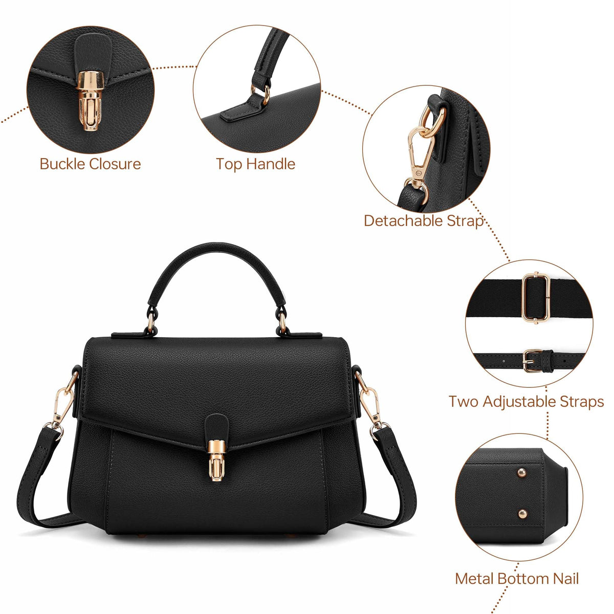 Goinsound Vegan Leather Crossbody Bag for Women Top Handle Purse Flap Shoulder Bag for Women Trendy Handbag with 2 Removable Straps Black