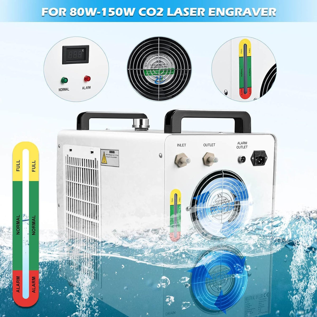 Monport 6L Industrial Water Chiller CW-5200 0.9hp 2.6Gal/min Water Cooling System for 50W-150W CO2 Laser Engraver＆Cutter Machine