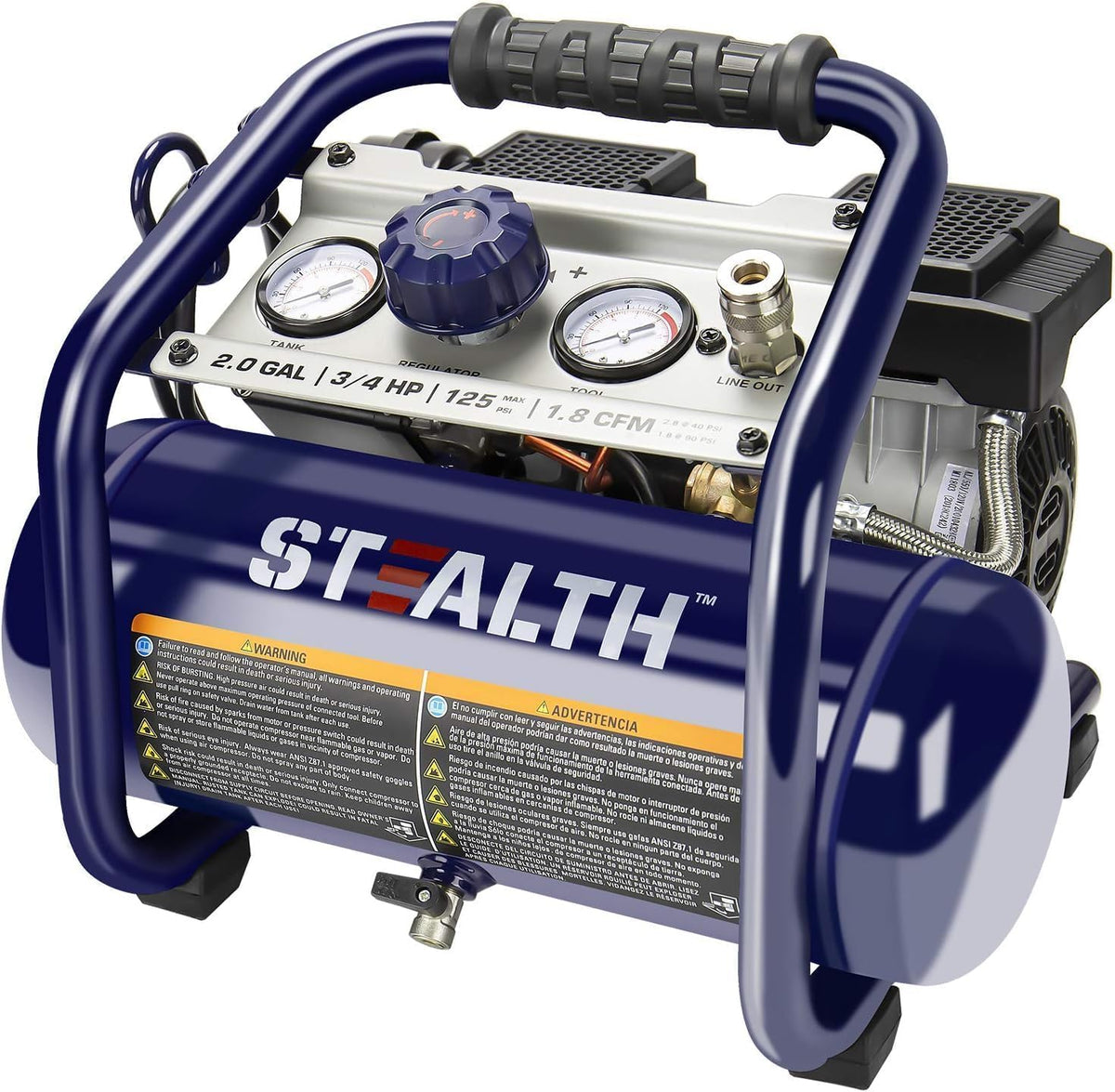 Stealth Air Compressor 2 Gallon, 3/4 HP Oil-Free Compressor, Less than 60dB Ultra Quiet Electric Air Compressor,Max 125 PSI Pressure for Tire Inflation,Nailing,Home DIY Project(SAQ-1234)