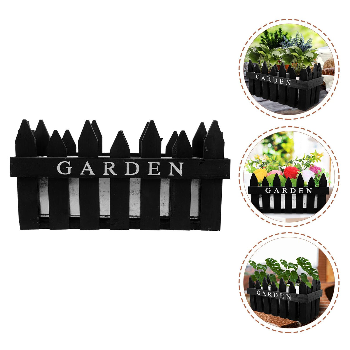 Angoily Creative Wooden Fence Flowerpot Planter Box for Balcony and Garden, Rectangular Black Wood Plant Container, Decorative Green Plant Pot for Outdoor Patio Use