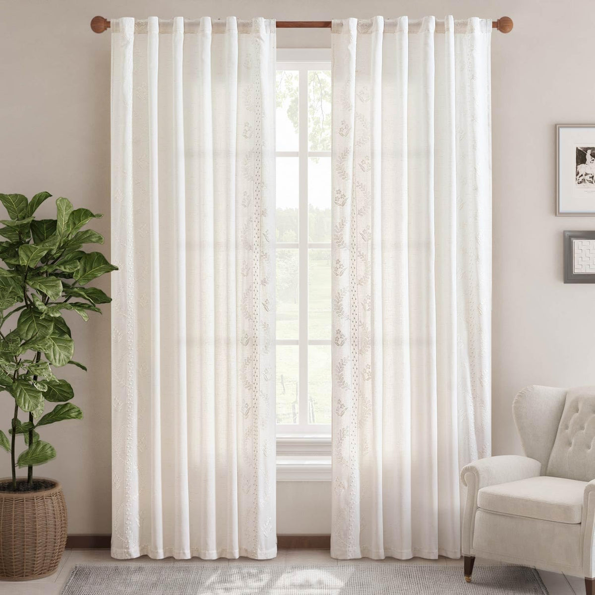 jinchan Belrose Linen Curtains for Bedroom Floral Curtains 84 Inch Length Linen Blend White Embroidered Drapes Farmhouse Flower Patterned Drapes for Living Room Window Treatments Set 2 Panels