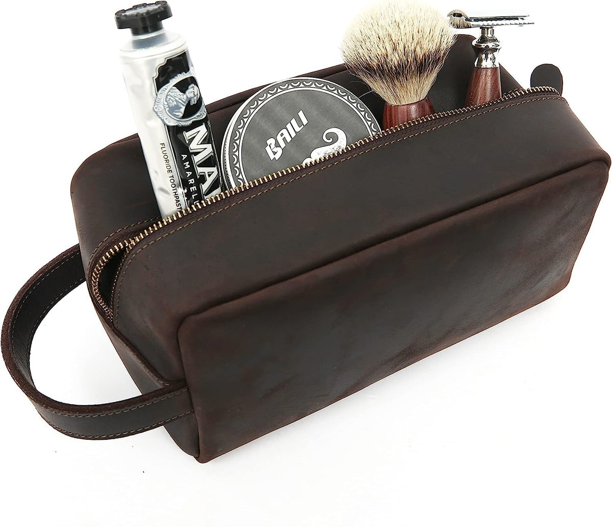 RC ROCKCOW Genuine Leather Toiletry Bag for Men Travel Shaving Dopp Kit-Large Cosmetic Bags Toiletries Bathroom Organizer