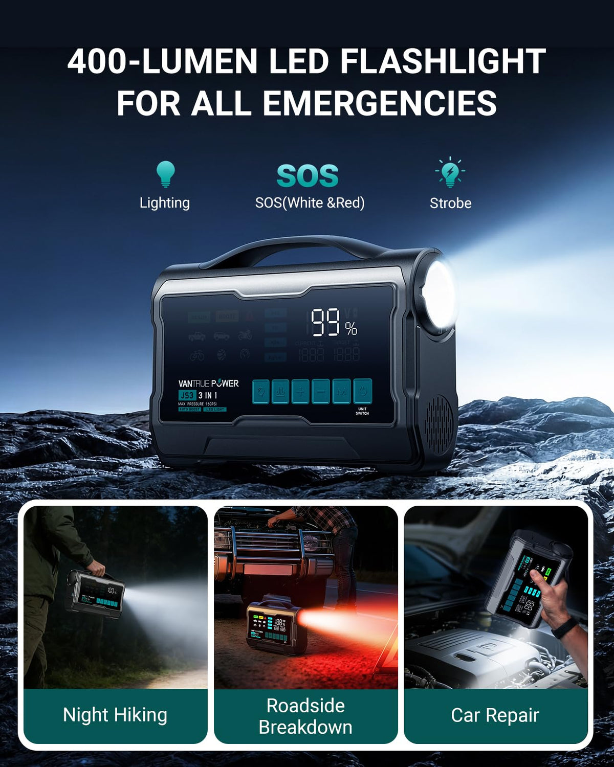 VANTRUE POWER JS3 Real 3250A Jump Starter with Air Compressor 160PSI, 12V Car Battery Booster with 9" Large Display, Jump Box with Light, 65W Fast Charging Power Bank, 8.0L Gas/3.8L Diesel Engines