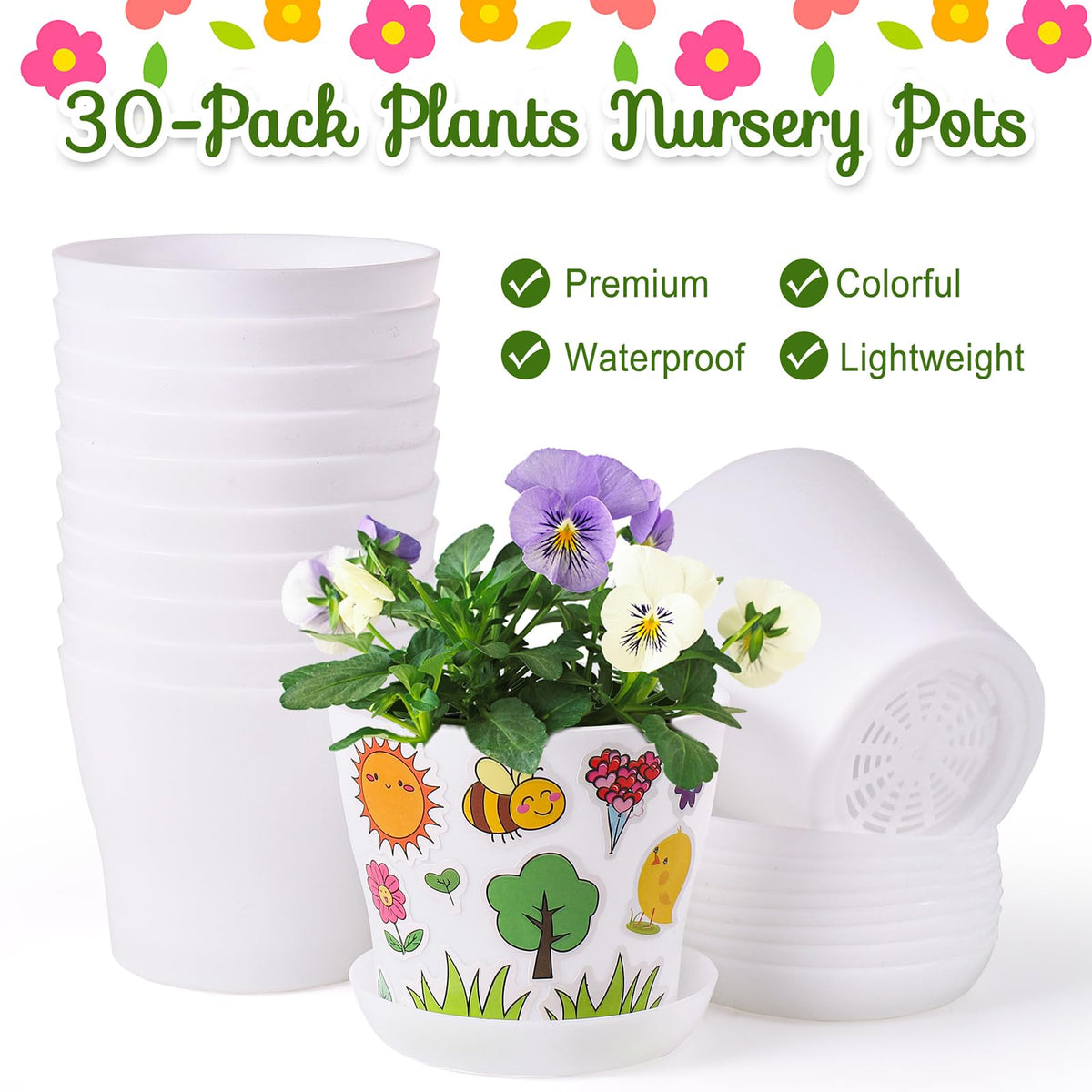 Aweyka 30 Pack Garden Plastic Pot Craft Kit DIY Flower Plant Crafts Nursery Pots with Stickers Flower Planting Growing Kit for Spring Summer Home Classroom School Creative DIY Art Project Activities
