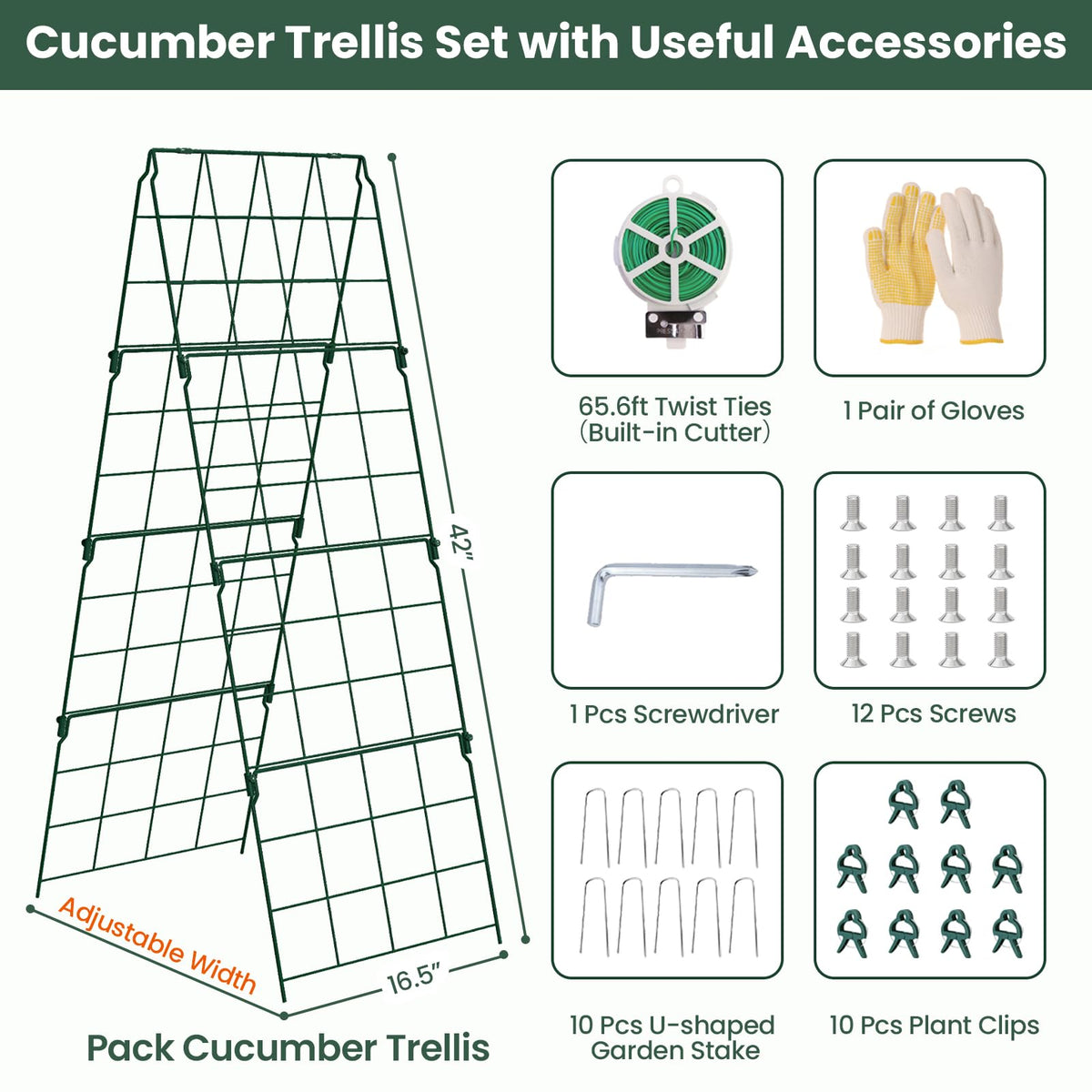 Cucumber Trellis, 48"x16" Adjustable A-Frame Trellis for Climbing Plants, Metal Foldable Upgraded Vegetable Trellis for Raised Bed, Support for Tomatoes, Squash, Zucchini, Vegetables & Flowers