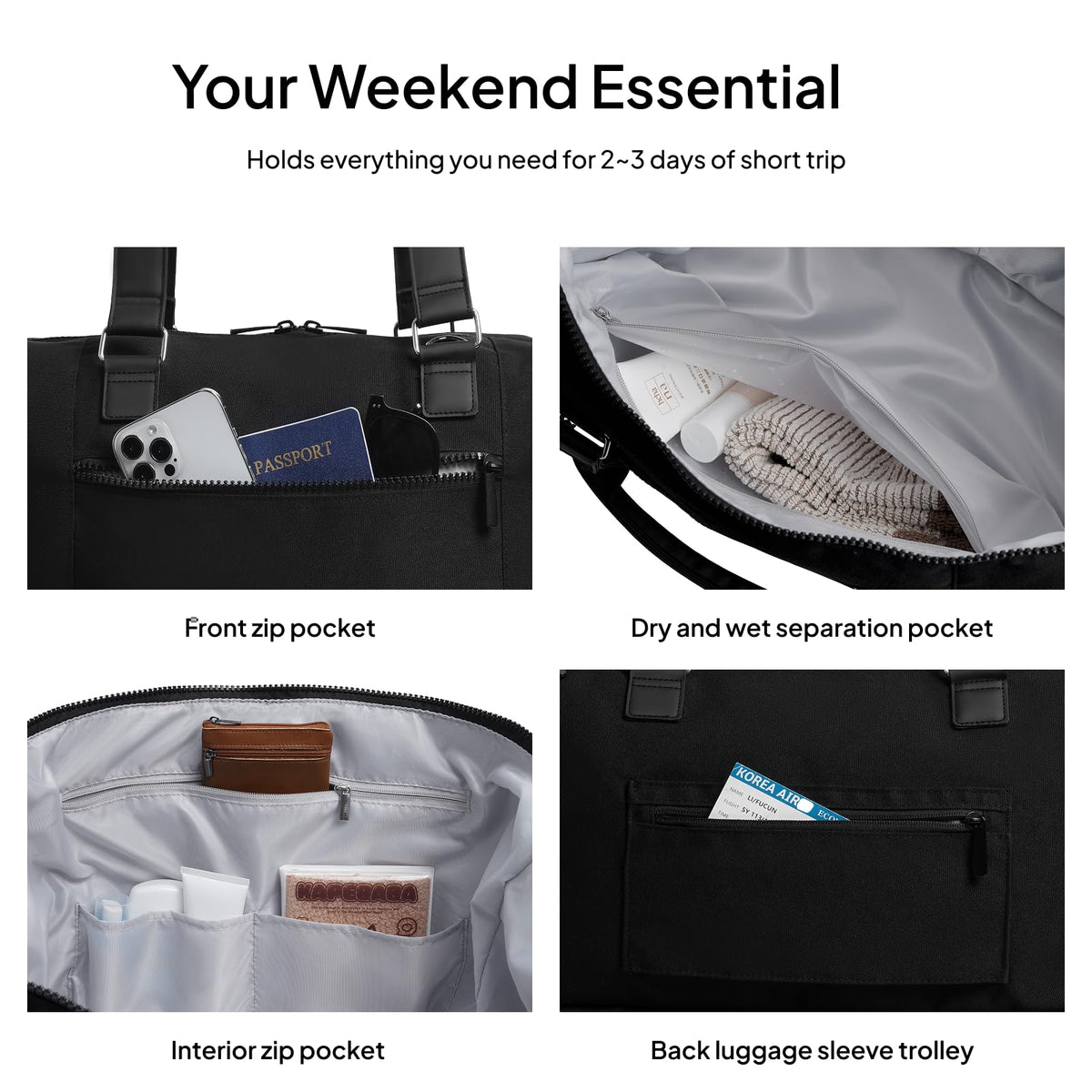 Travel Duffle Bag for Women,40L Weekender Bags Airline Approved Carry On with Shoe Compartment & Waterproof Wet Pocket, Durable Nylon Weekender Overnight Bag for Travel, Gym, Business Trip, Black