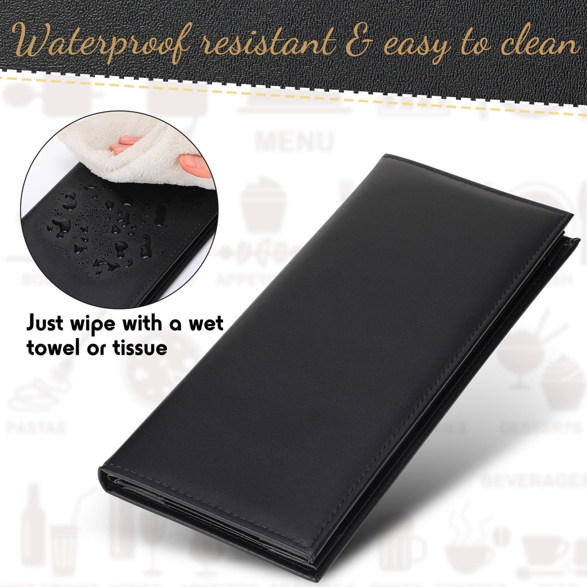Jexine 30 Pcs Leather Menu Covers Holders - 4.25 x 11 Inches 4 View Fold Black Leather Menu Book with Angled Corners Waterproof for Restaurant Cafe Bar Wine Drinks List Covers Set