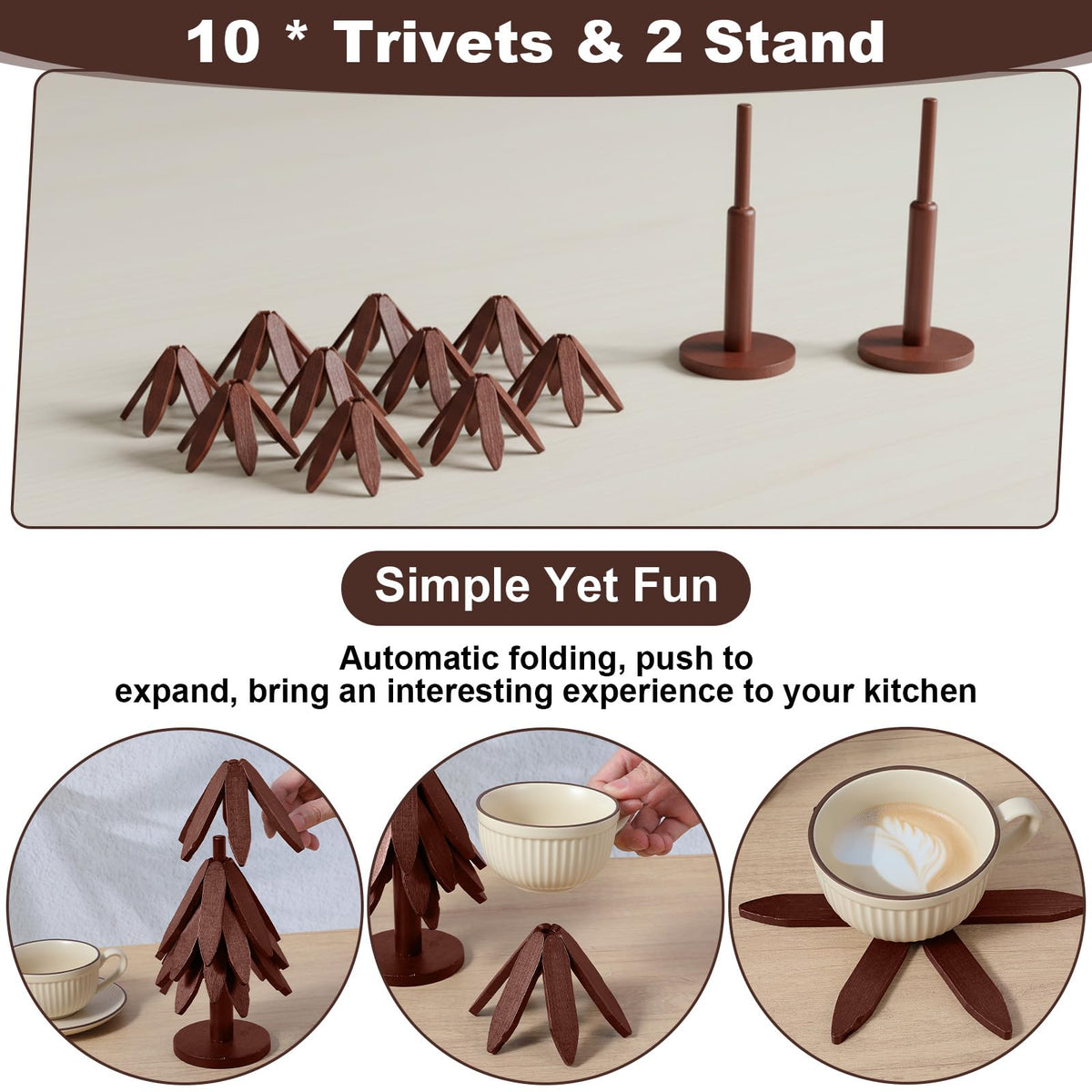 PercyEffie 10 Wooden Trivets for Hot Dishes 2 Set Christmas Tree Shape Trivet Set Natural Foldable 10 Wooden Tree Trivets + 2 Stand Stored Trees Coaster for Kitchen Table Hot Dishes Pot Bowl Teapot