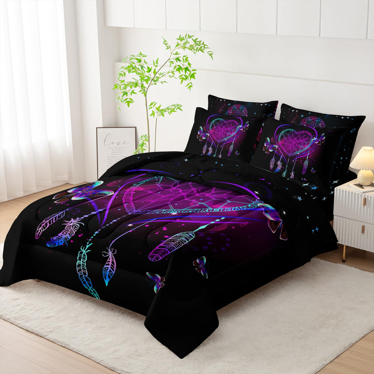AILONEN Neon Love Comforter Set Twin Size,7-Piece Soft Bed in a Bag,Black Purple Dreamcatcher Comforter & Fitted Sheet & Flat Sheet & 2 Pillowcases,2 Pillow Shams for Bedroom