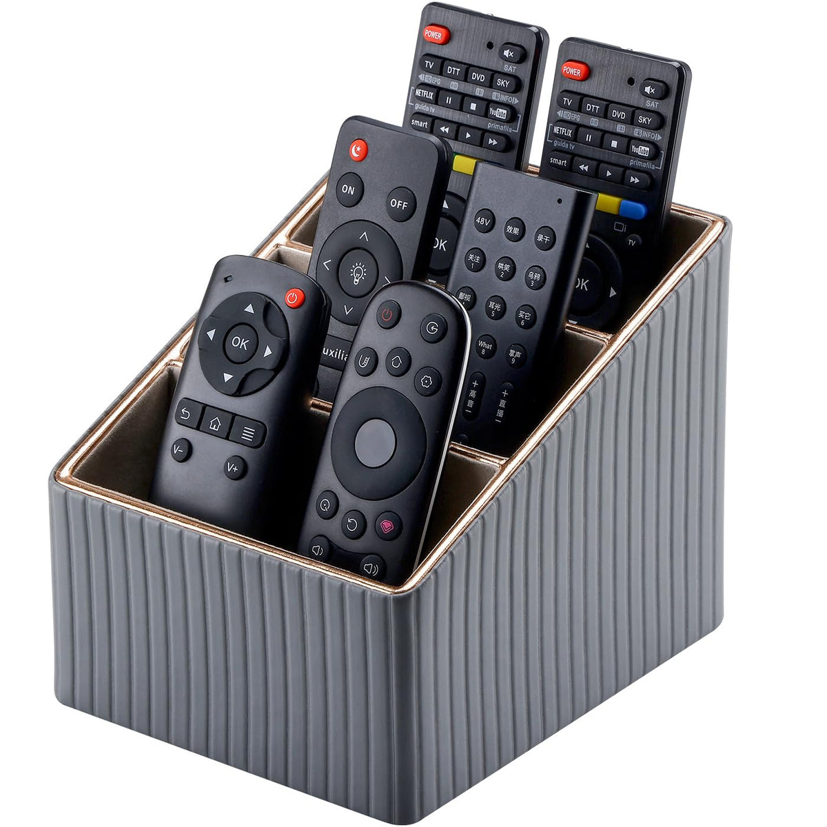 KINGFOM 3 Slot PU Leather Remote Controller Holder, Home Sundries Storage Box, TV Guide/Mail/CD Organizer/Caddy/Holder with Free Cable Desk Organizer (Grey)