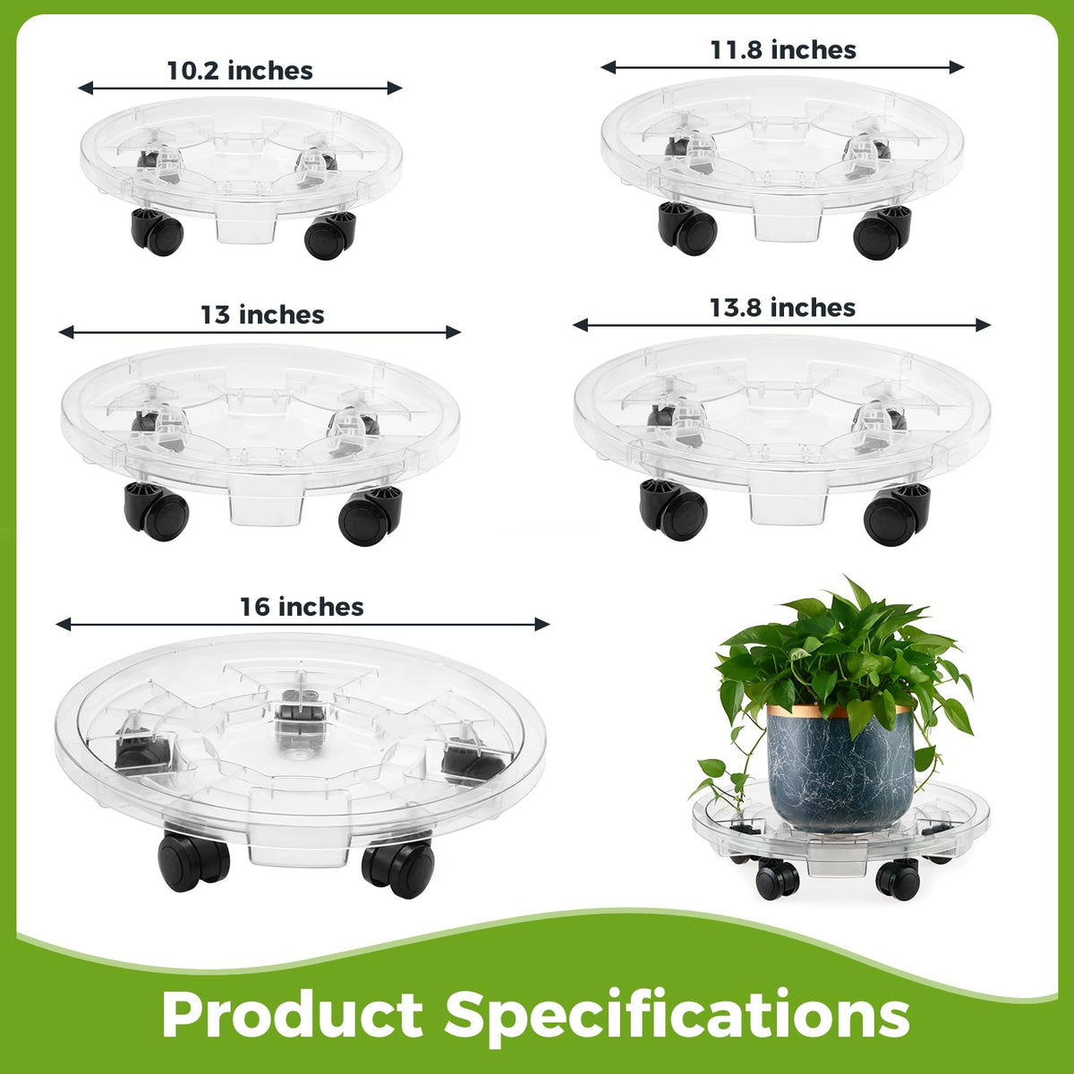 KvyusFlourish 4 Packs 11.8 Inches Large Clear Plant Caddy Plant Saucers on Wheels Rolling Plant Stands Heavy-duty Plant Dolly Plastic Planter Roller Base Pot Movers Outdoor Plant Tray Coaster