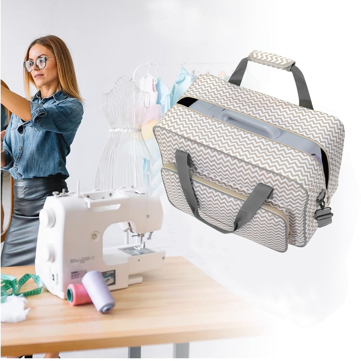 Haroranax Sewing Machine Case - Travel sewing machine bag with handle - New Sewing Machine Carrying Case - Suitable for Singer, Brother, Janome, and Most Standard Sewing Machine (White)
