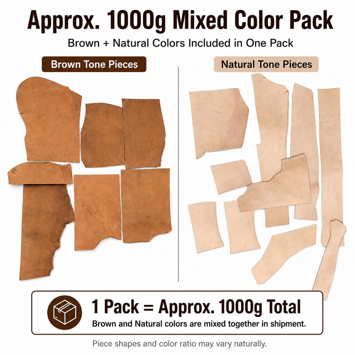 2.2 LB Genuine Cowhide Leather Scraps for Crafts, 3.5-4.0mm Thick Vegetable Tanned Leather Pieces for Tooling, Carving, Stamping, Leatherworking, Brown & Natural Tan Mix