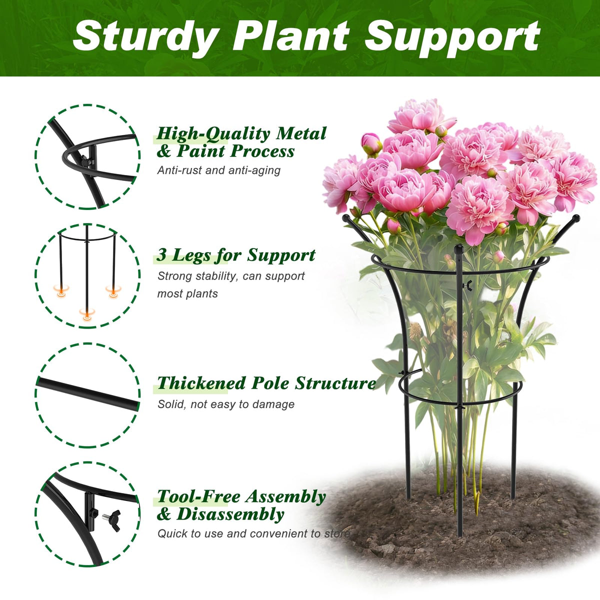 4 Pack Peony Cages and Supports, 12.5" Dx24 H Plant Supports for Outdoor Plants, Double-Ring Metal Peony Support Cage, Natural Bouquet Shape Plant Support Rings for Rose Tomato Hydrangea Strawberry
