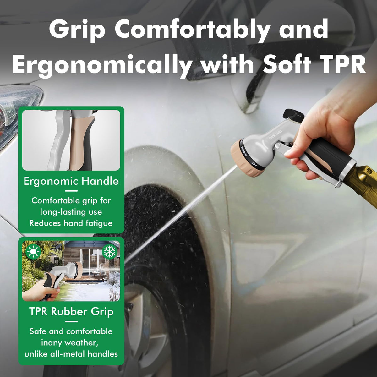RESTMO Garden Hose Nozzle, Heavy Duty Metal Water Hose Nozzle with 7 Adjustable Spray Patterns, High Pressure Hand Sprayer with Flow Control, for Watering Plants & Lawns, Washing Cars & Pets, Gold