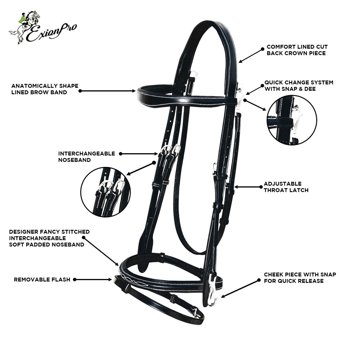 Exion Quick Change Snap English Bridle with Brass Hardware – Soft Lined Anatomical Horse Bridle with Rubber Reins – Snap-On Crown & Cheekpiece – Gold Tone Buckles – Padded Jumping Tack Set