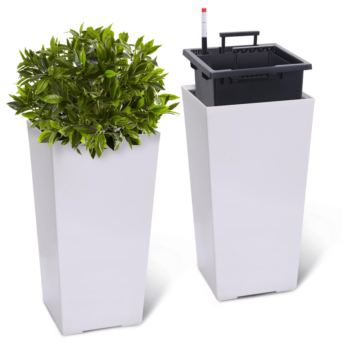 Takywep Tall Planter Self-Watering Set of 2, 22.4 Inch Wicker Rattan Plant Pots with Drainage, Water Level Monitor & Wheels, Large Outdoor Indoor Flower Pot for Porch, Front Door & Patio,White
