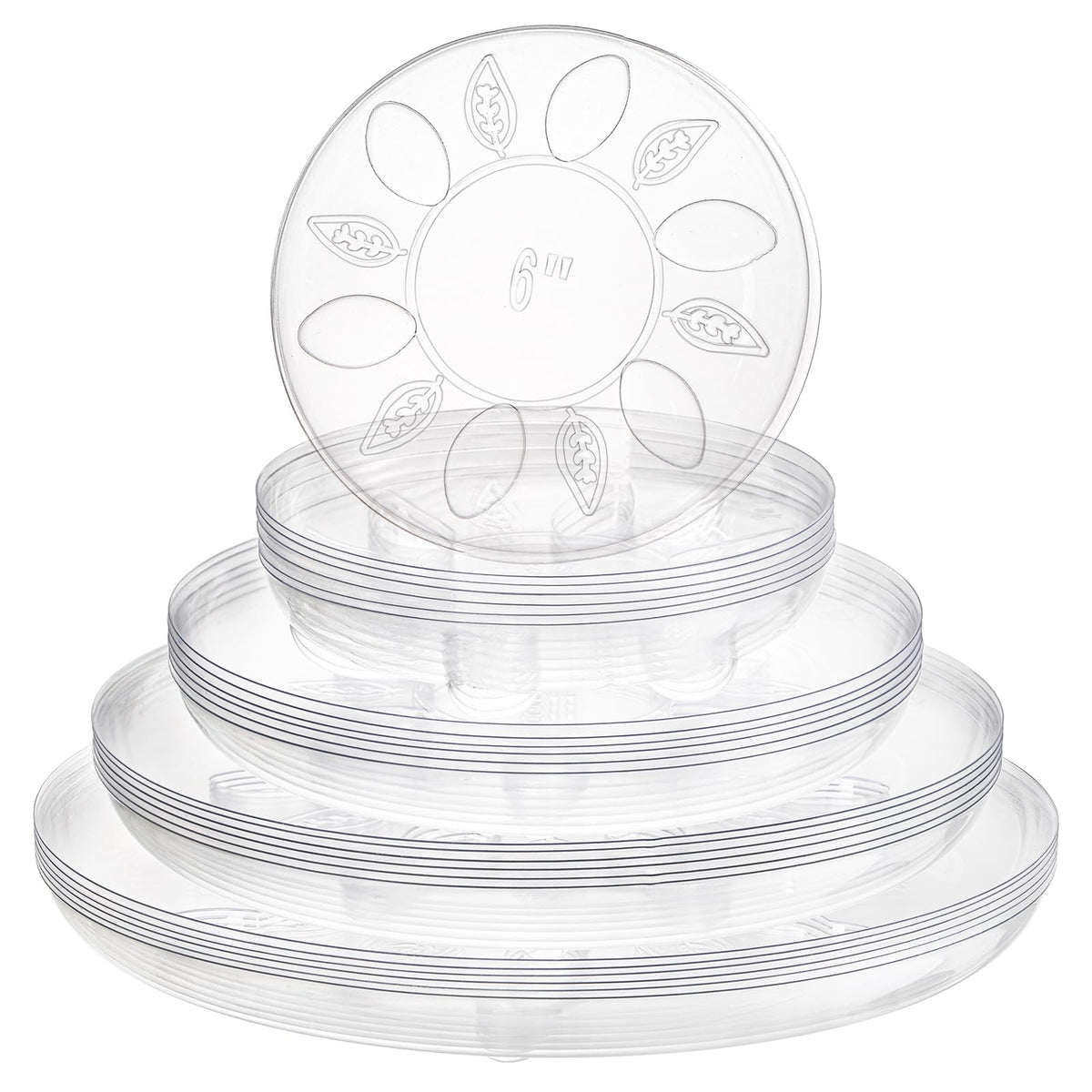 YOUEON 24 Pack Clear Plant Saucers with Feet, 6/8/10/12 Inch Heavy Duty Plastic Plant Drip Trays, Flower Pot Trays, Plant Water Catcher Tray for Indoor & Outdoor Plants, Round, 4 Sizes