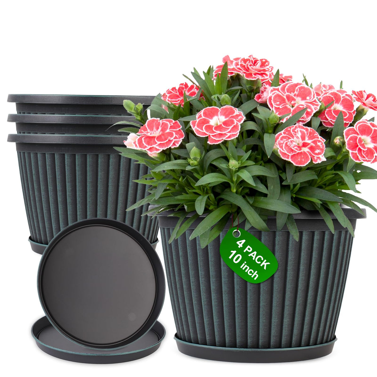 Myfeegoin Planter-Pots-for-Plants-Indoor-Outdoor, 4 Pack 10 Inch Plastic Flower Pots with Saucer & Drainage Holes, Modern Garden Planters for Planting Medium Large Plants，Decorative Resin Garden Pots