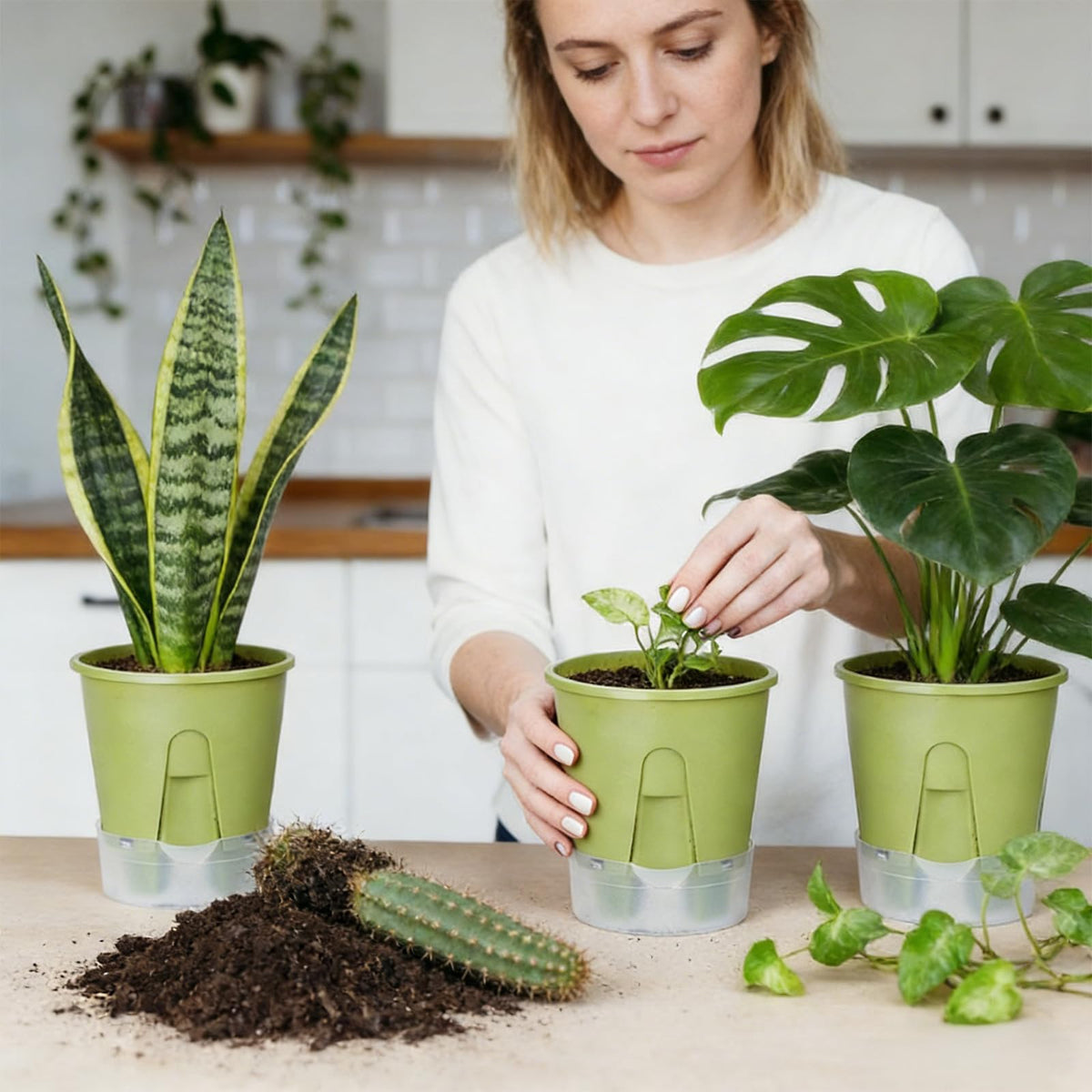 IWNTWY Plant Pots 6 inch Set of 5, Self Watering Pots for Indoor Outdoor, Upgraded Water Inlet Self Watering Planters Flower Pots with Drainage Hole and Clear Saucer Reservoir (Green)