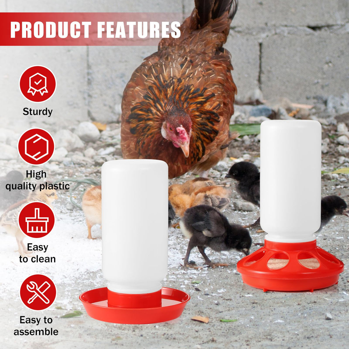 7PCS Chick Feeder and Waterer Kit with Wooden Perch,Baby Poultry Starter Set with Chick Perch for Small Poultry Chicks Ducks Quail Pigeons Birds(Red Chick Feeder Waterer Kit)