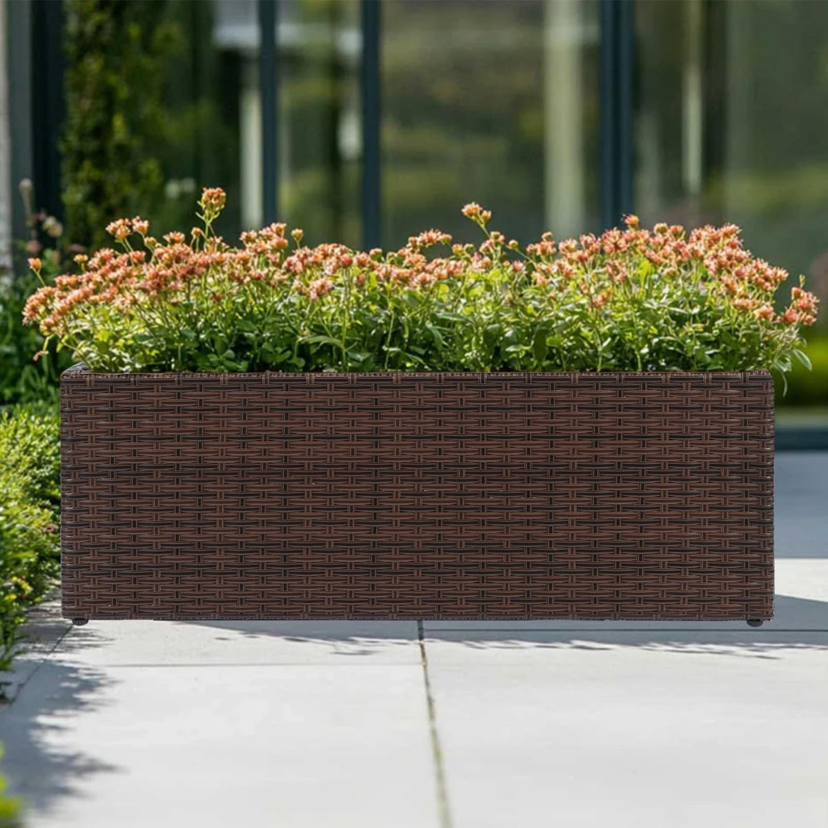 SUNNYPARK Brown Rectangular Planter Box All-Weather PE Rattan Large Modern Planters with Removable Liner Indoor Outdoor Decorative Flower Pot for Patio, Balcony, Garden