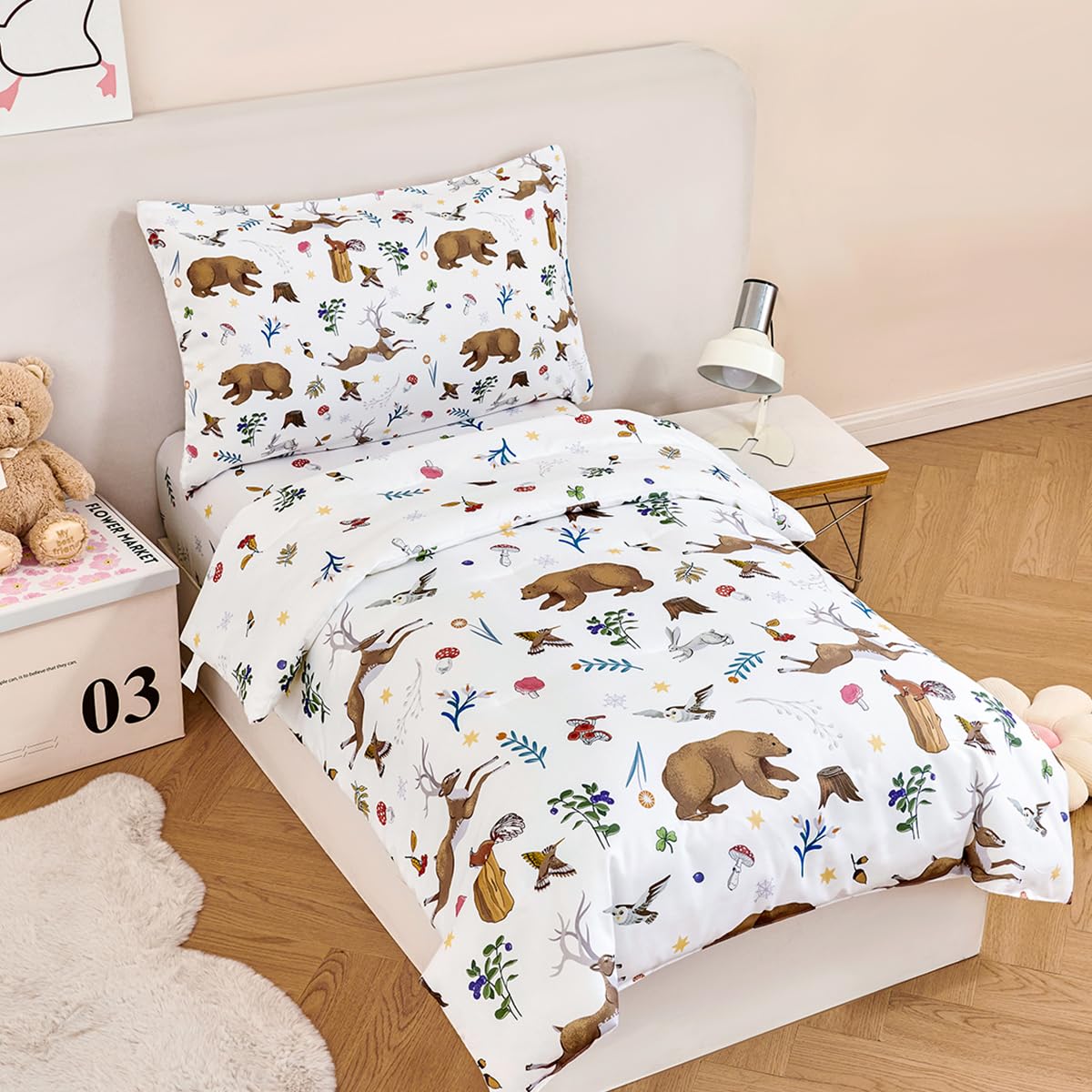 PERFEMET 4-Piece Toddler Bedding Set-Reversible Woodland Animal Toddler Bed Sets for Boys Girls-Soft Lightweight Cartoon Bear Deer Print Toddler Bed Comforter with Sheets for All Season