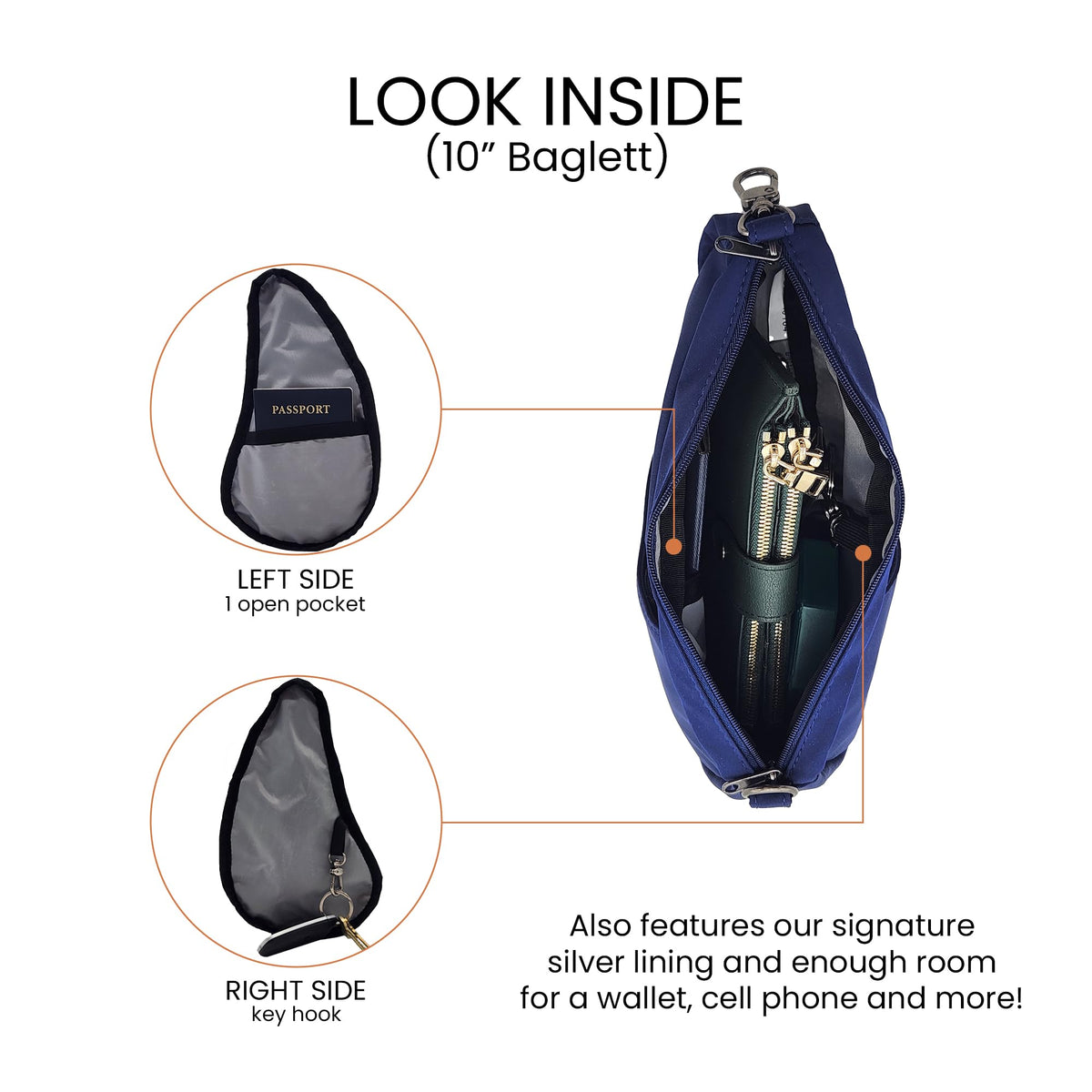 AmeriBag 10" Healthy Back Bag Nylon Ergonomic Crossbody Sling Baglett for Everyday Use, Travel & Walking Comfort (Amethyst)
