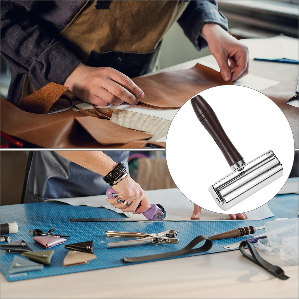 QWORK Leather Press Edge Roller for Leather Crafting and Seam Rolling (3.93''/100mm)