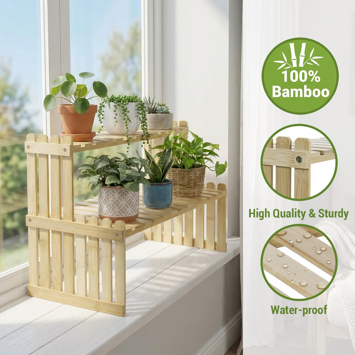 MyGift Natural Bamboo Indoor Plant Stand for Desk, 2 Tier Desktop Shelf Organizer Rack with 2 Slatted Shelves