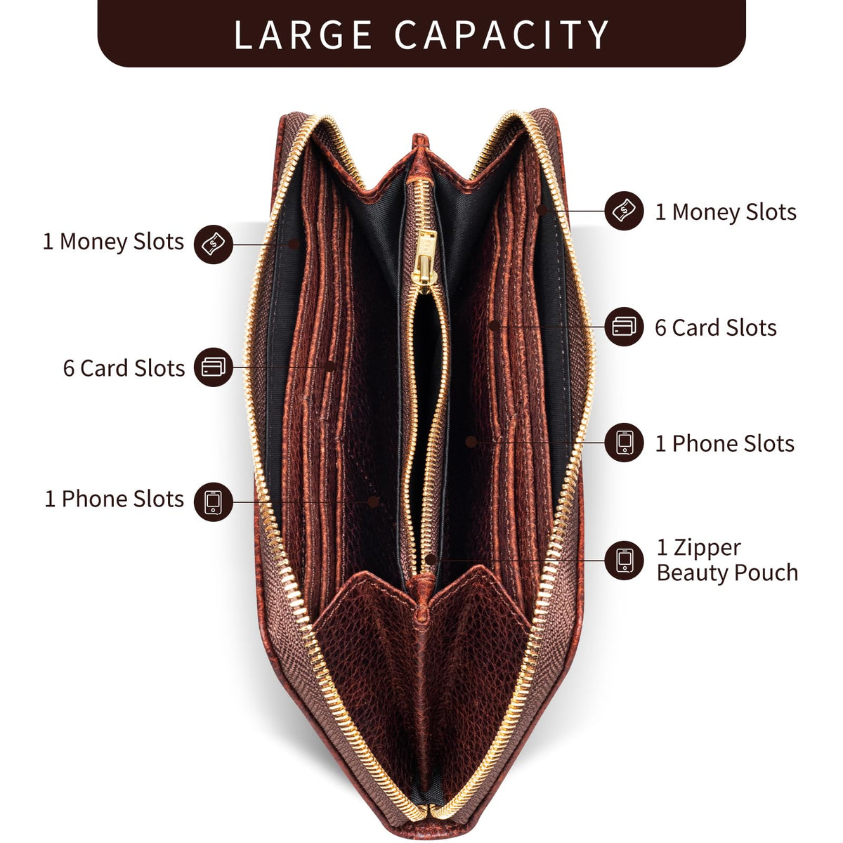 RMAWRAD genuine leather long bi-fold wallet/card holder, unisex, made of full-grain cowhide, with card slots and a coin purse, brown.