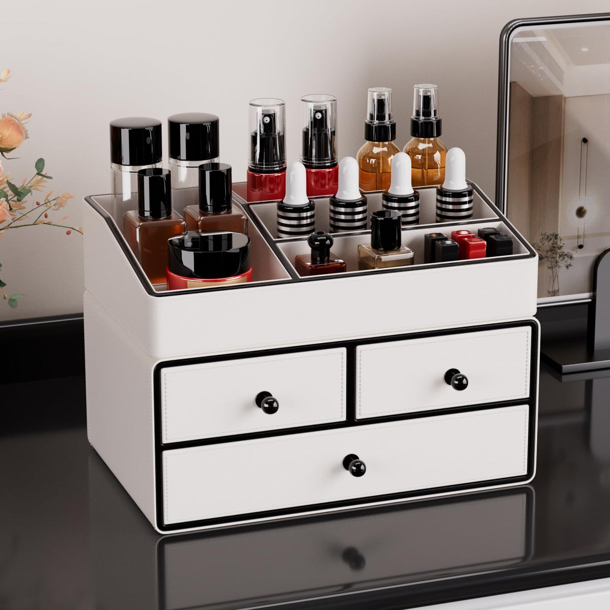 GORESE Leather Makeup Organizer with Drawers for Vanity, Stackable Skincare Holder Dresser Organizer Countertop, Make Up Storage Organizers Counter Cosmetic Display Case Gifts for Women(Cream White)
