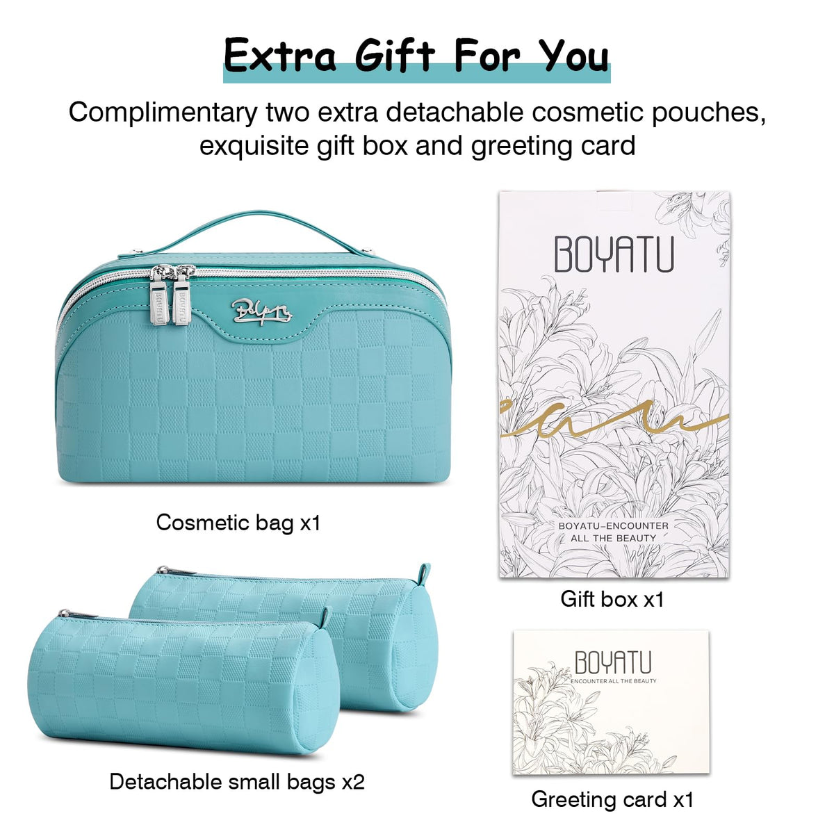 BOYATU Checkered Travel Makeup Bags: Vacation-Ready Light Blue Large Capacity Cosmetic Bag for Women - 3 Pcs Set Toiletry Organizer with Waterproof Leather - Easy to Clean Beach Trip Essential
