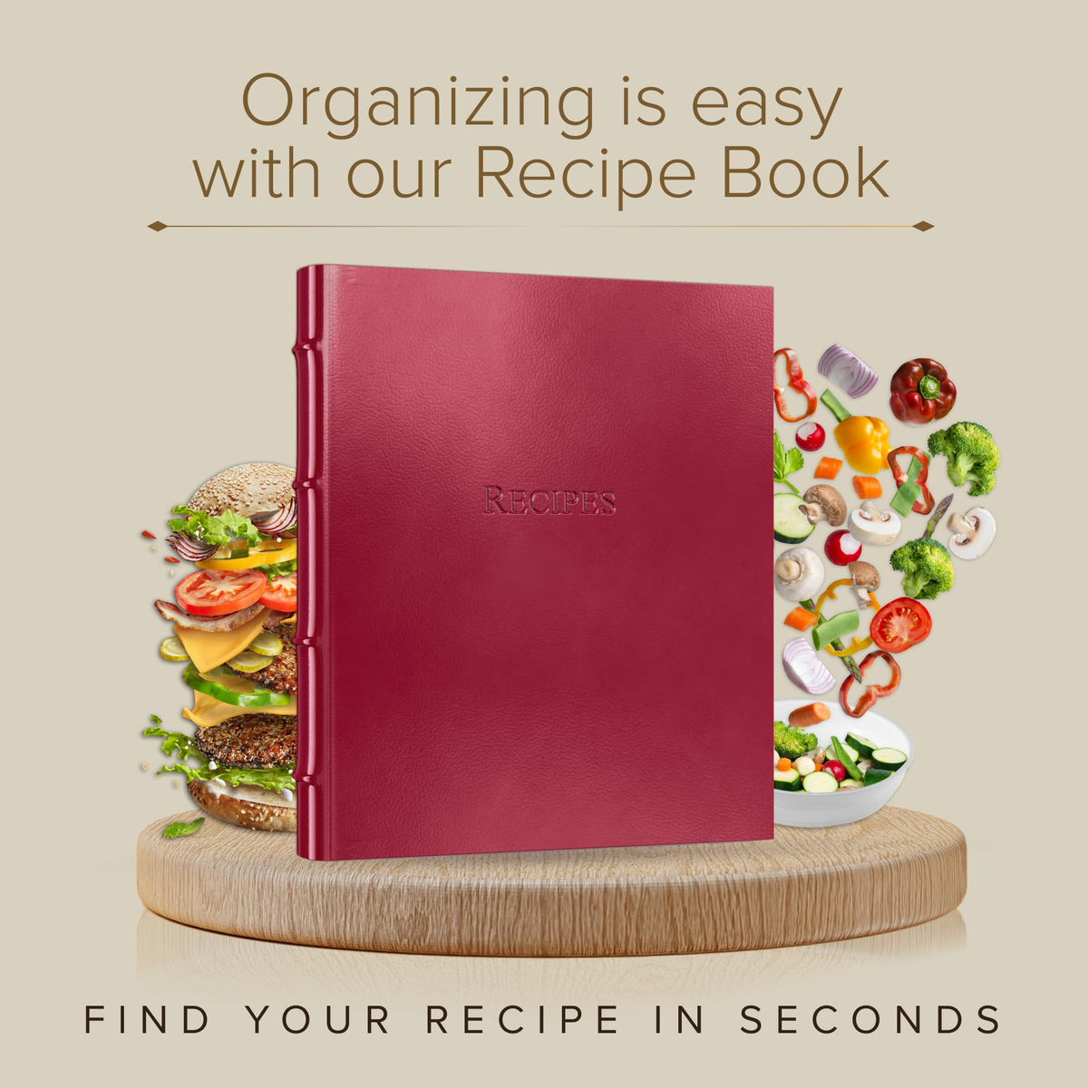 Gallery Leather Recipe book to write in your own recipes - 3 Ring Recipe Binder With Plastic Sleeves, Blank, 25 Pocket Pages and Ivory Cards, Fillable - Freeport Metallic Bronze - 9.25 x 8 "